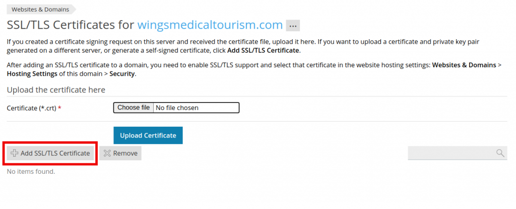 Add SSL TLS Certificate Button
